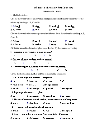 Đề thi tuyển sinh vào Lớp 10 môn Tiếng Anh - Đề số 2 - Năm học 2019-2020 (Có đáp án)